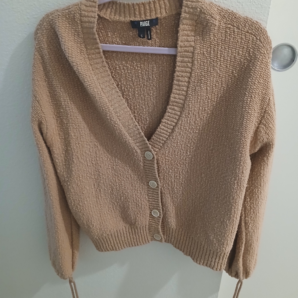 PAIGE Beige Cropped V‑Neck Button Cardigan